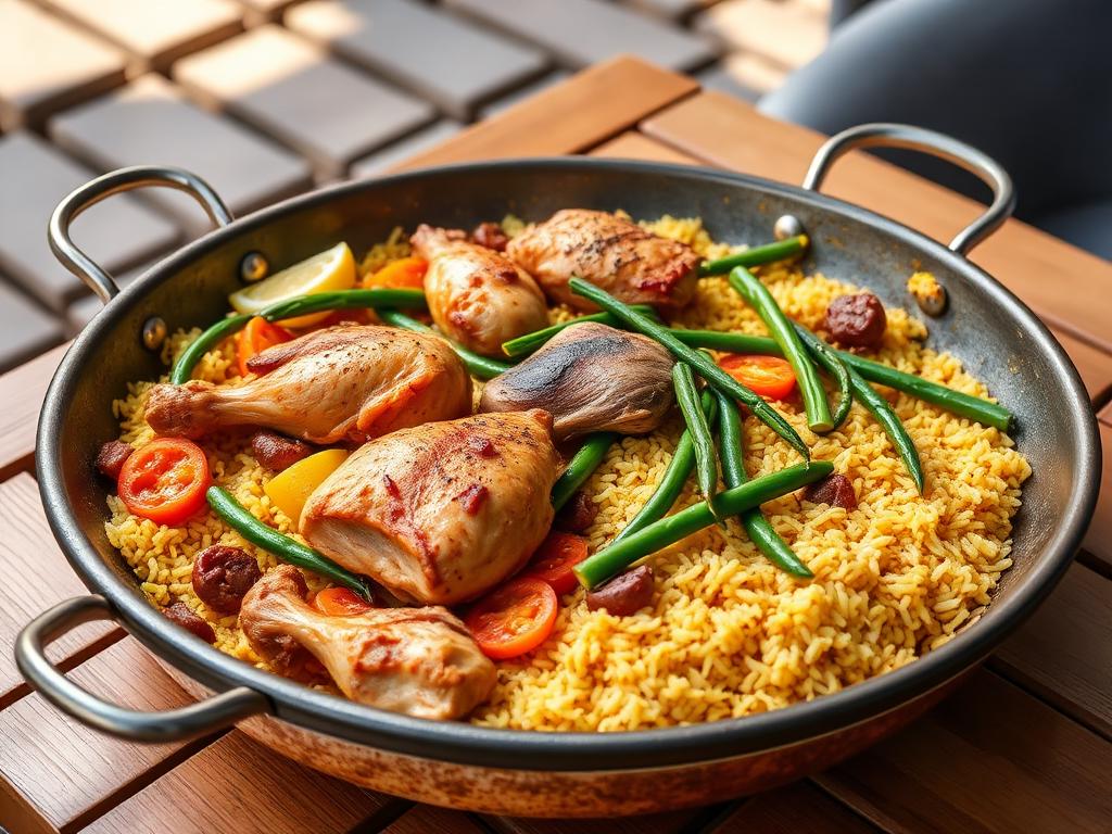 Valencialainen paella pannussa kanan ja papujen kanssa