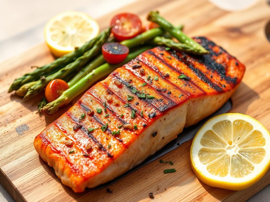 Grillattu lohifile setrilaudalla vihannesten kanssa