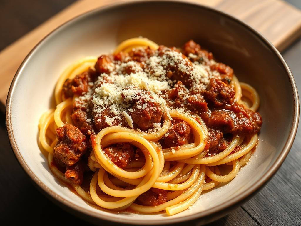 Paksua spagettimaista pastaa ruskeassa lihakastikkeessa syvässä lautasessa