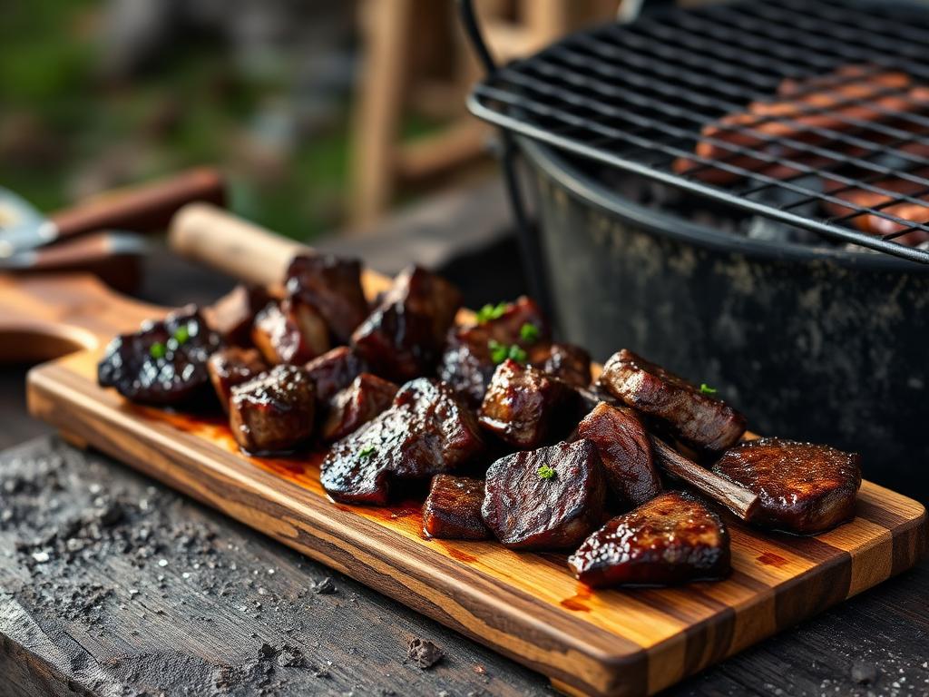 Grillattuja lihapaloja puisella alustalla hiiligrillin vieressä