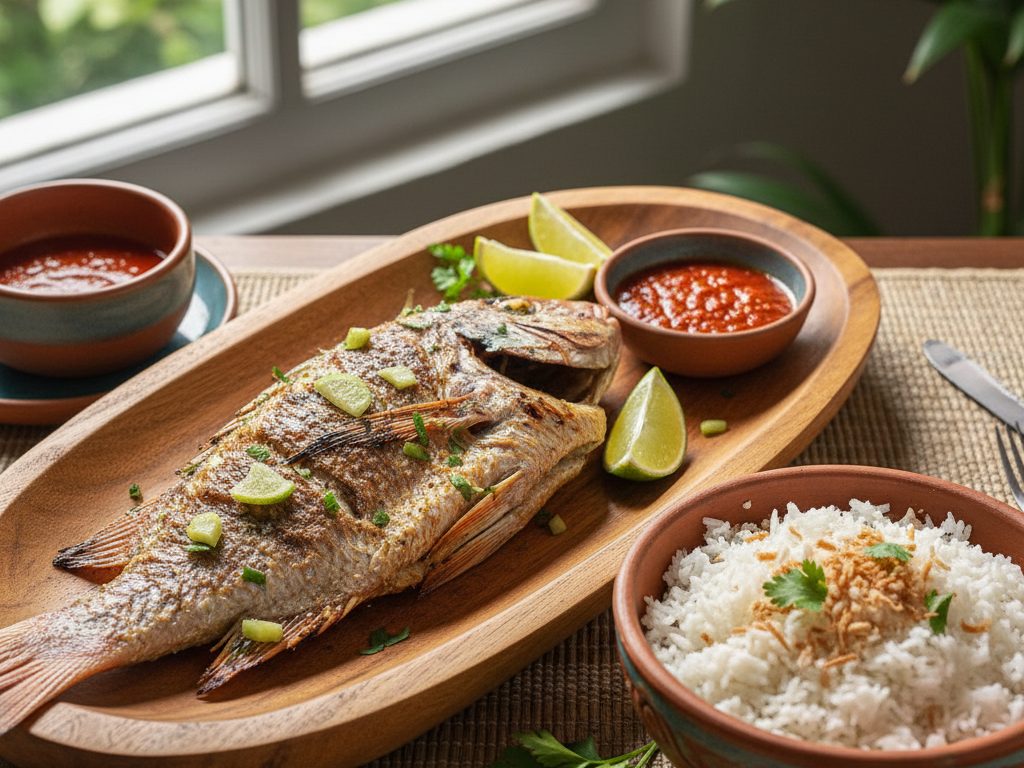 Grillattu kokonainen kala lautasella limen kera