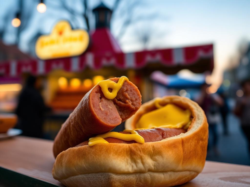 Grillattu juustotäytteinen makkara sinapin ja leivän kanssa katukojussa