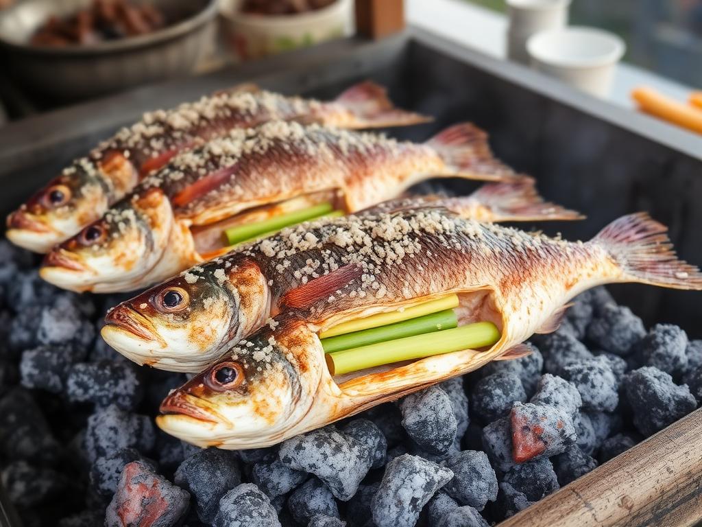 Kokonainen kala suolakuoressa grillautumassa hiilillä sitruunaruoho täytteenä