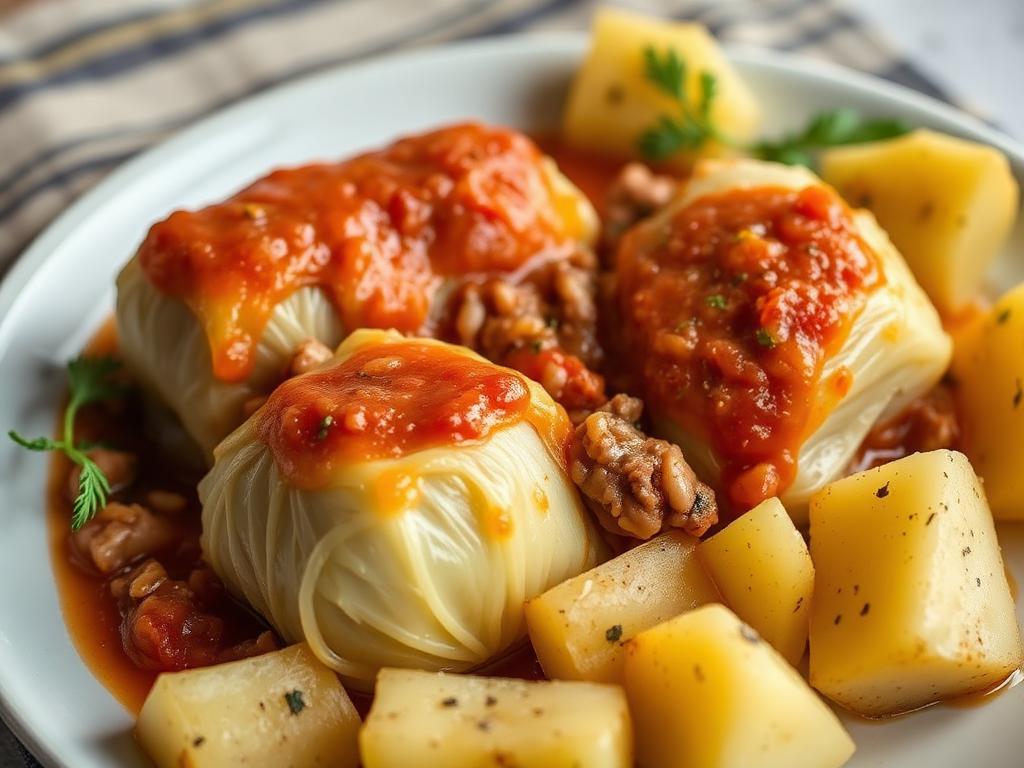 Kaalikääryleitä tomaattikastikkeessa lautasella