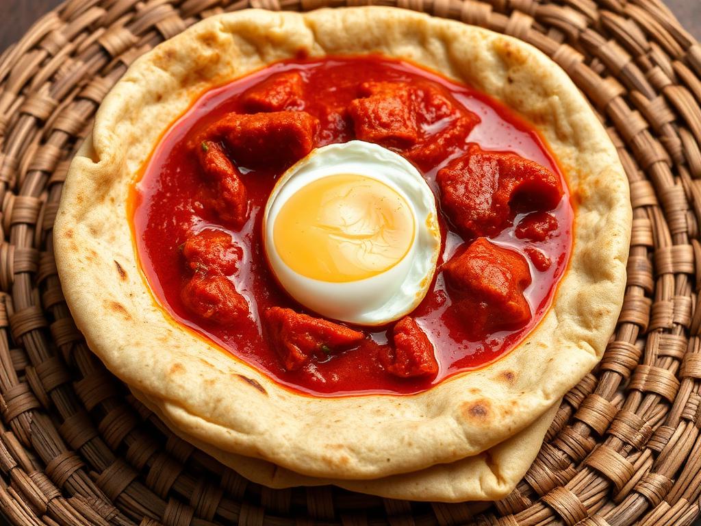 Punainen kanapata kananmunan kanssa injera-leivän päällä