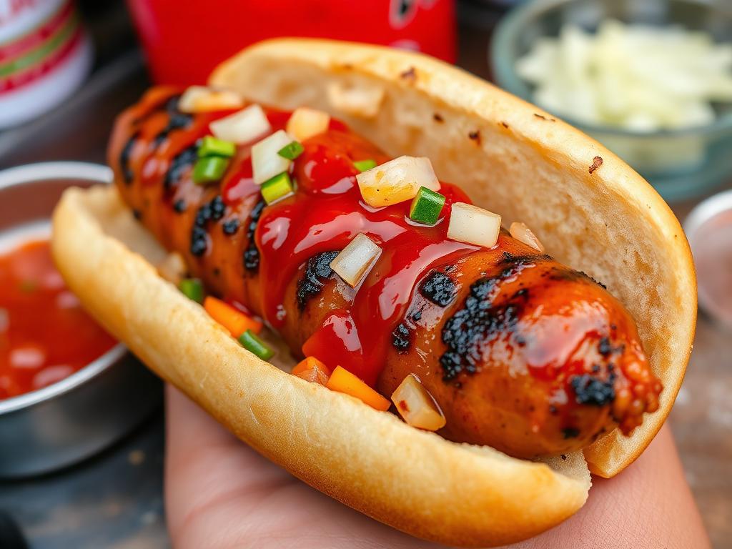 Grillattu paksu makkara sämpylässä chilikastikkeen ja sipulin kanssa