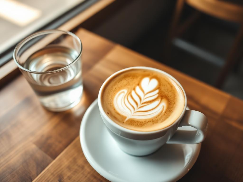 Flat white -kahvi kupissa kahvilan pöydällä
