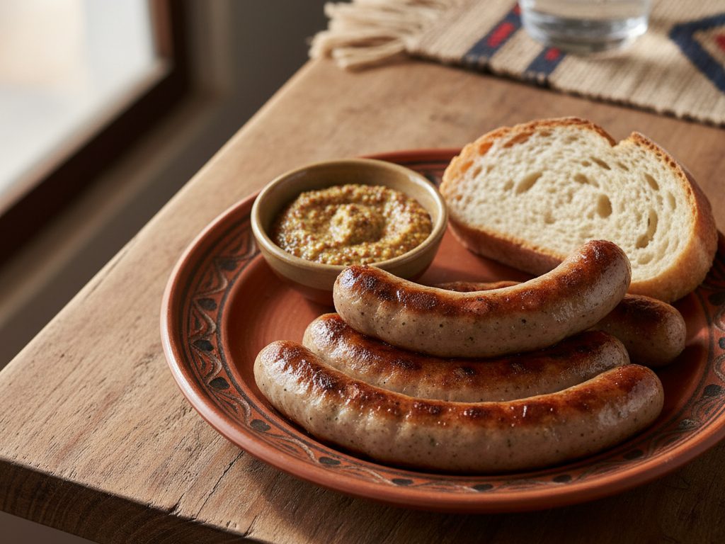 Grillattu makkara leivän ja sinapin kera