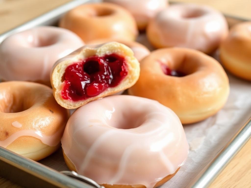 Sokerikuorrutettuja hillomunkkeja leipomon tiskillä