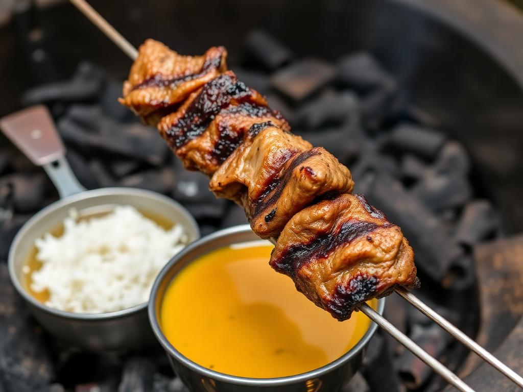 Lampaanlihakuutioita metallivartaissa hiiligrillillä