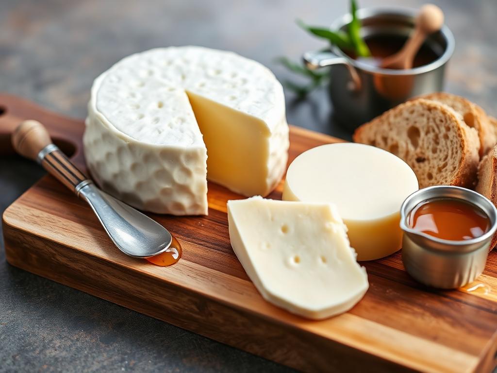 Valkoista pehmeää juustoa lautasella leipäviipaleiden kanssa