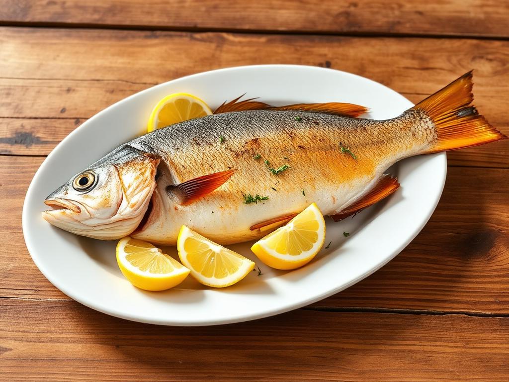 Paistettu taimen lautasella sitruunalohkojen ja yrttien kanssa